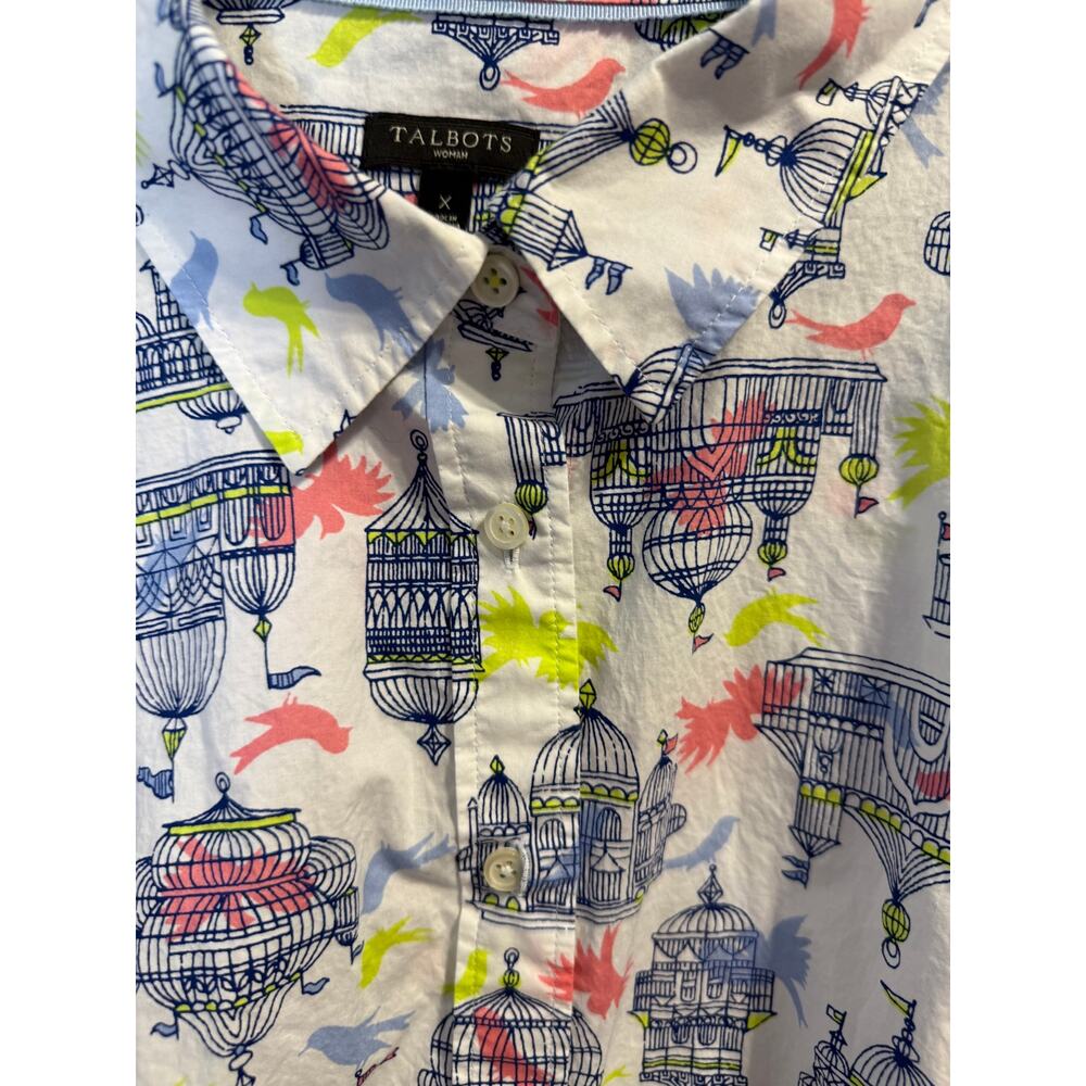 Talbots Women XL Birdcage Bird Print Button Front Shirt 100% Cotton - Picture 3 of 12